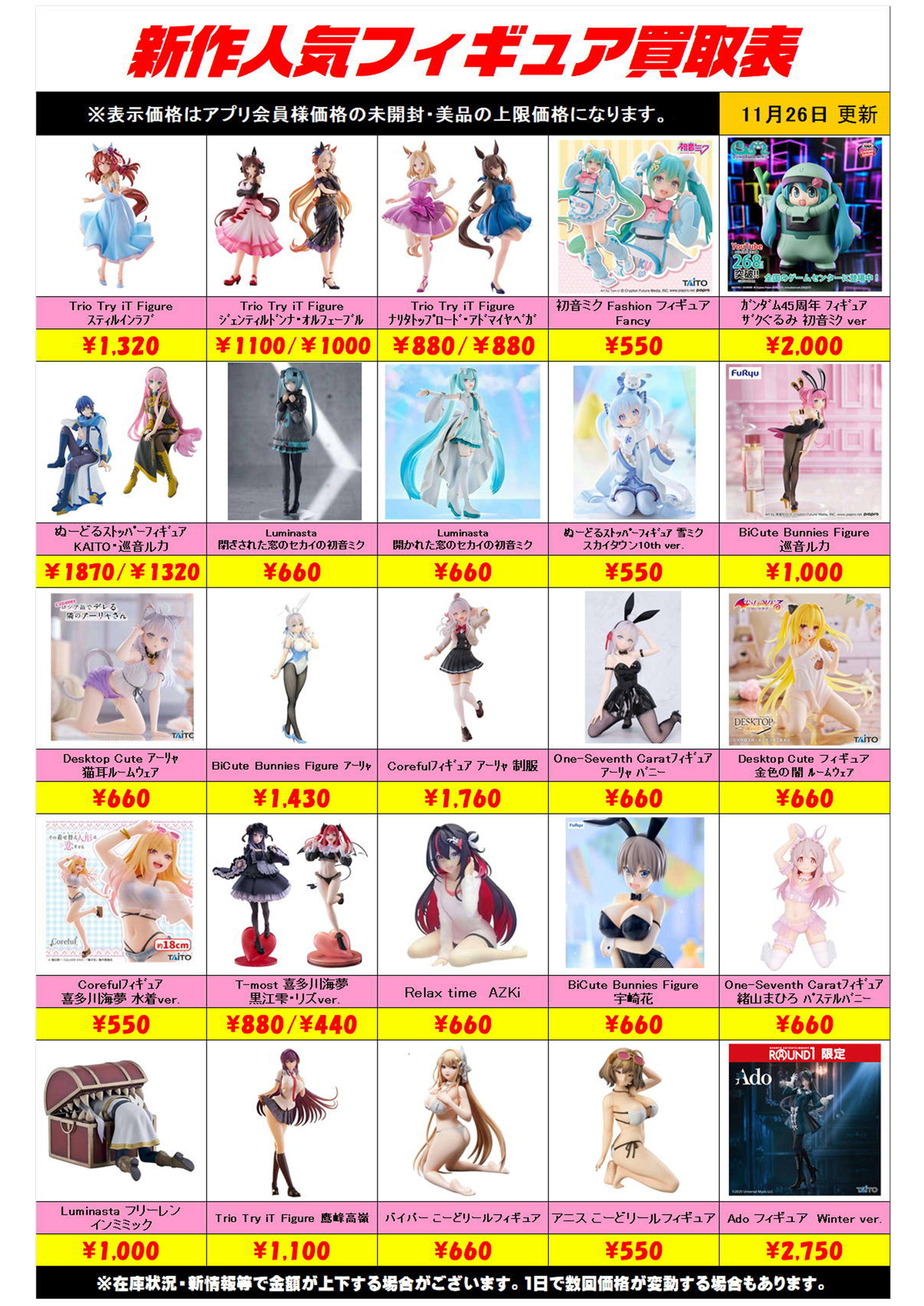 新作プライズフィギュア買取リスト更新しました！ 11/26～ プラス 