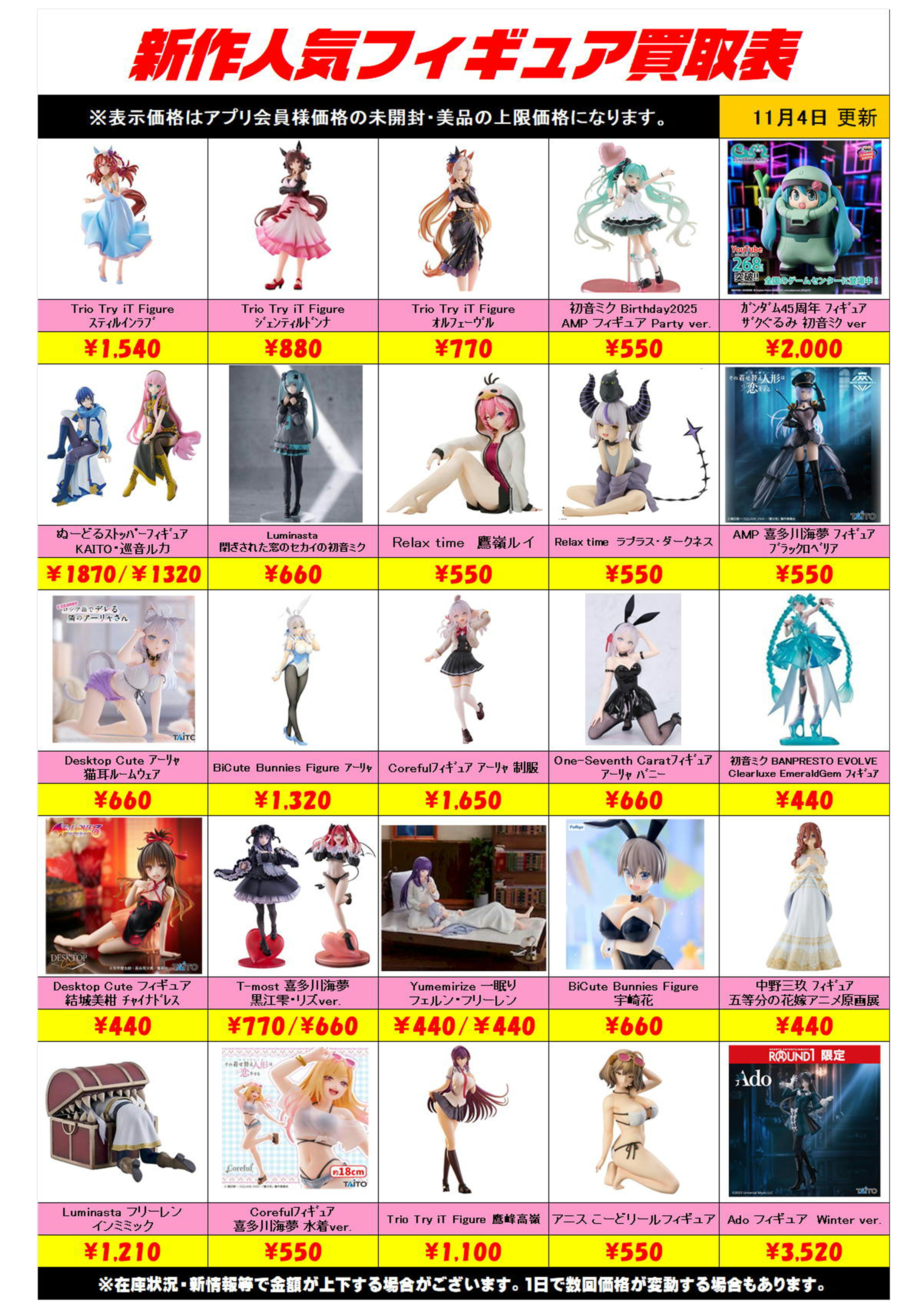 新作プライズフィギュア買取リスト更新しました！ 11/4～ プラスアップ 