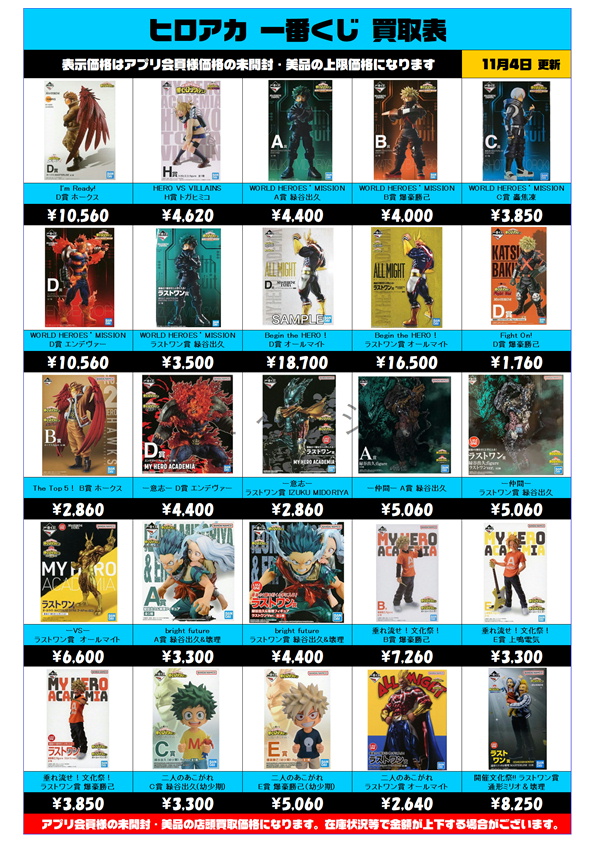 ヒロアカ一番くじ買取表 更新しました！ 11/4～ | 千葉鑑定団船橋店