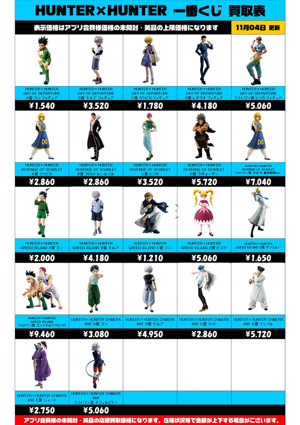 HUNTER×HUNTER一番くじ買取表 更新しました！ 11/4～ | 千葉鑑定団船橋店