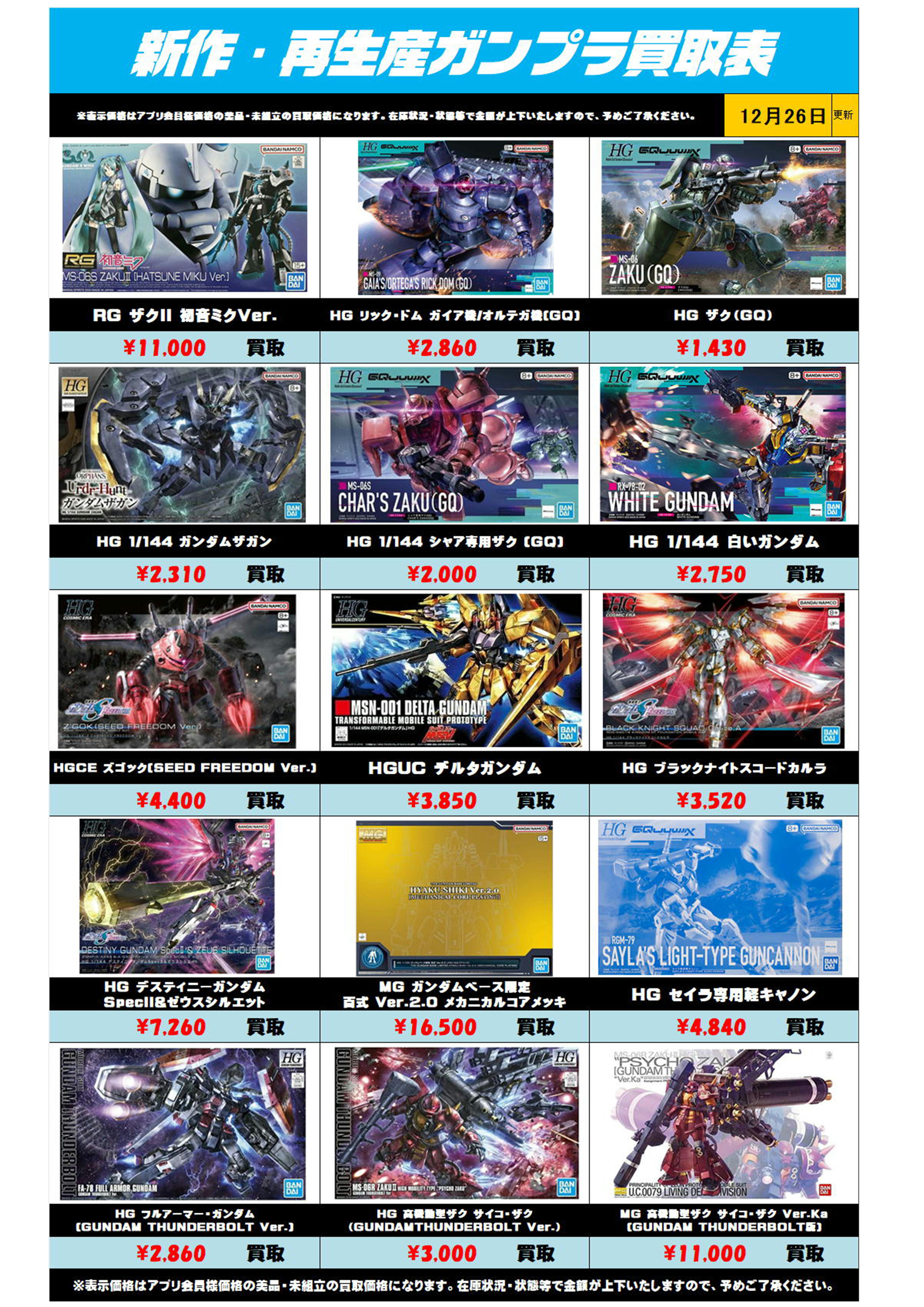 新作・再販ガンプラ買取リスト更新しました！ 12/26～ プラスアップ 
