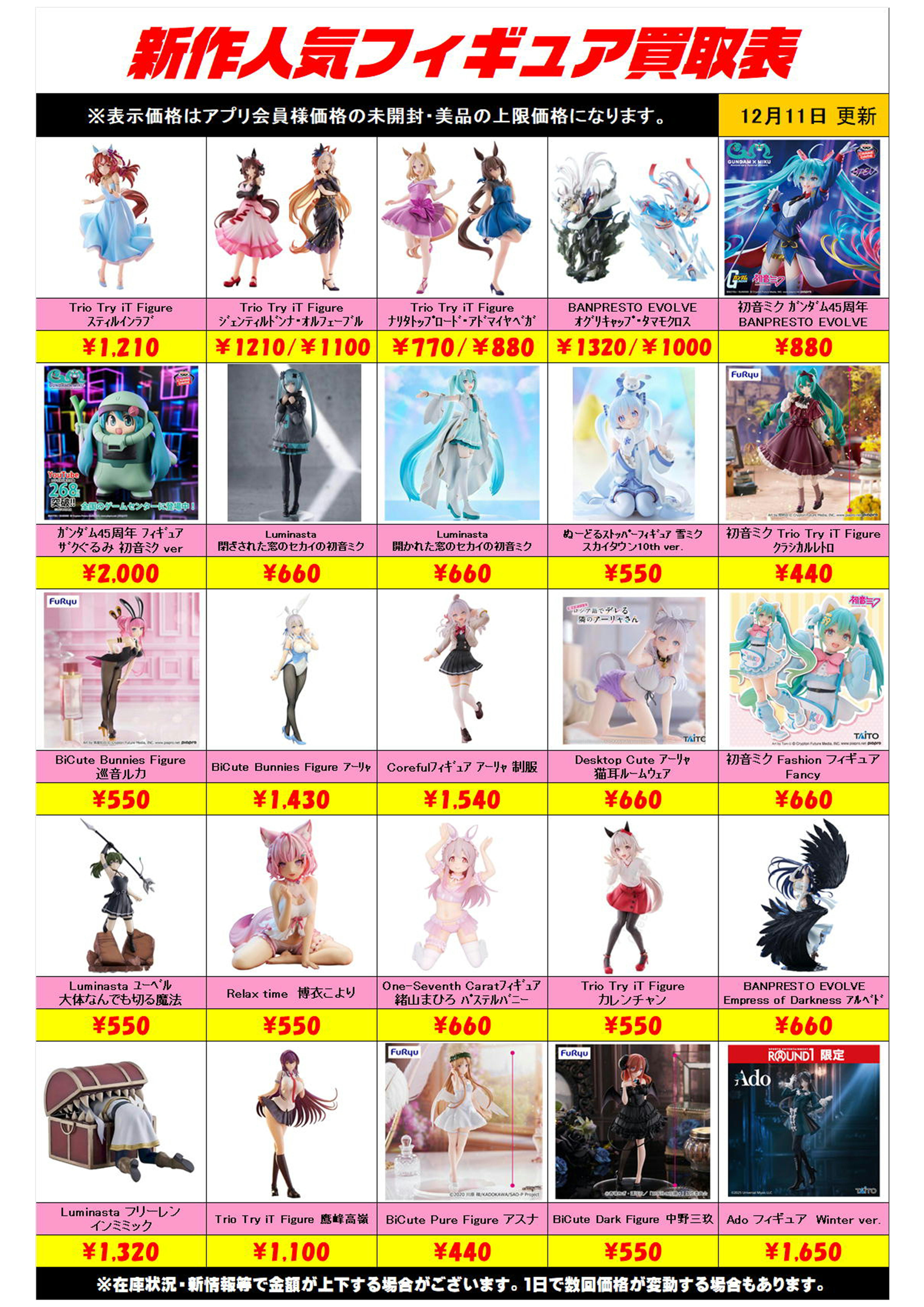 新作プライズフィギュア買取リスト更新しました！ 12/11～ プラス 
