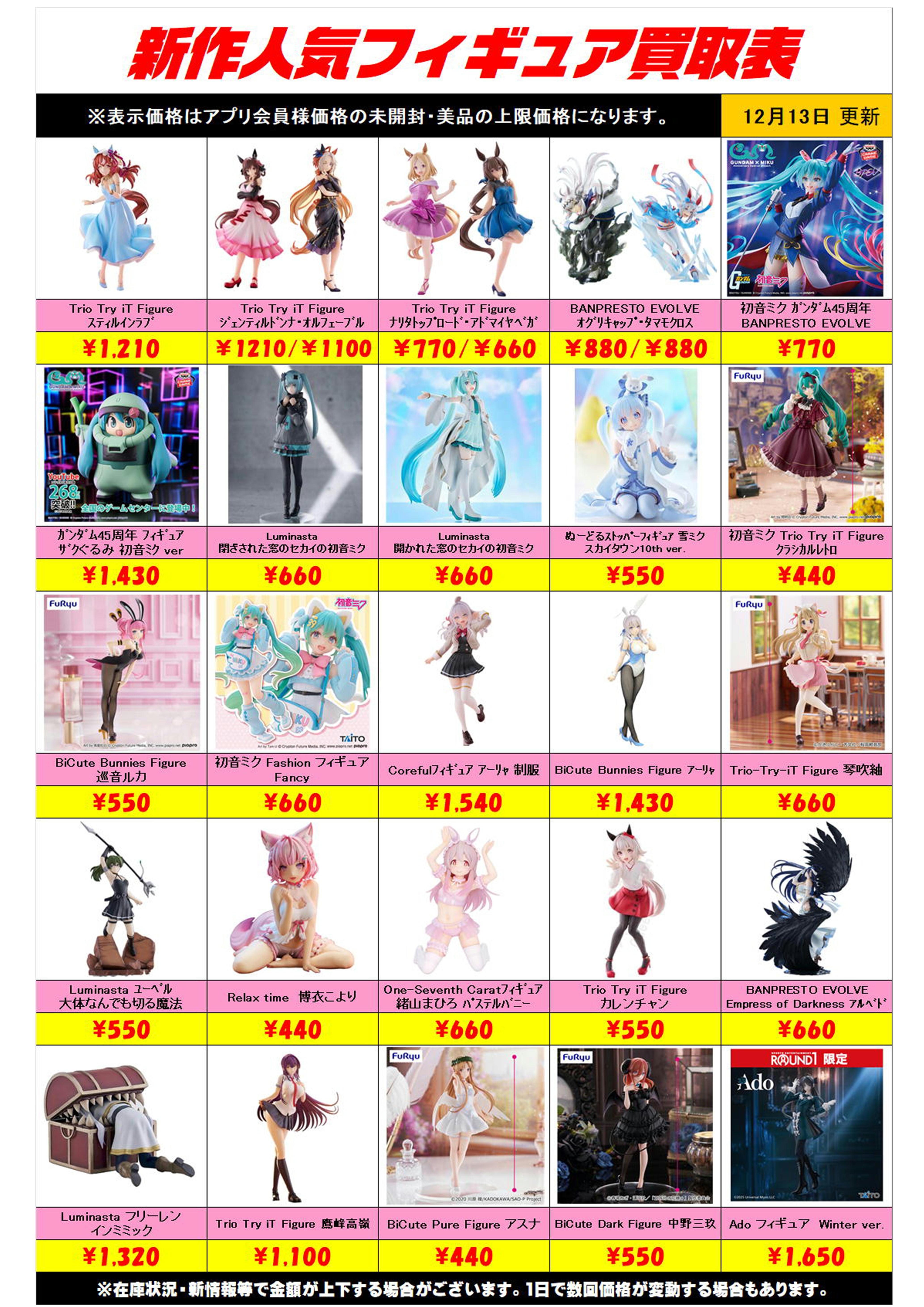 新作プライズフィギュア買取リスト更新しました！ 12/13～ プラス 
