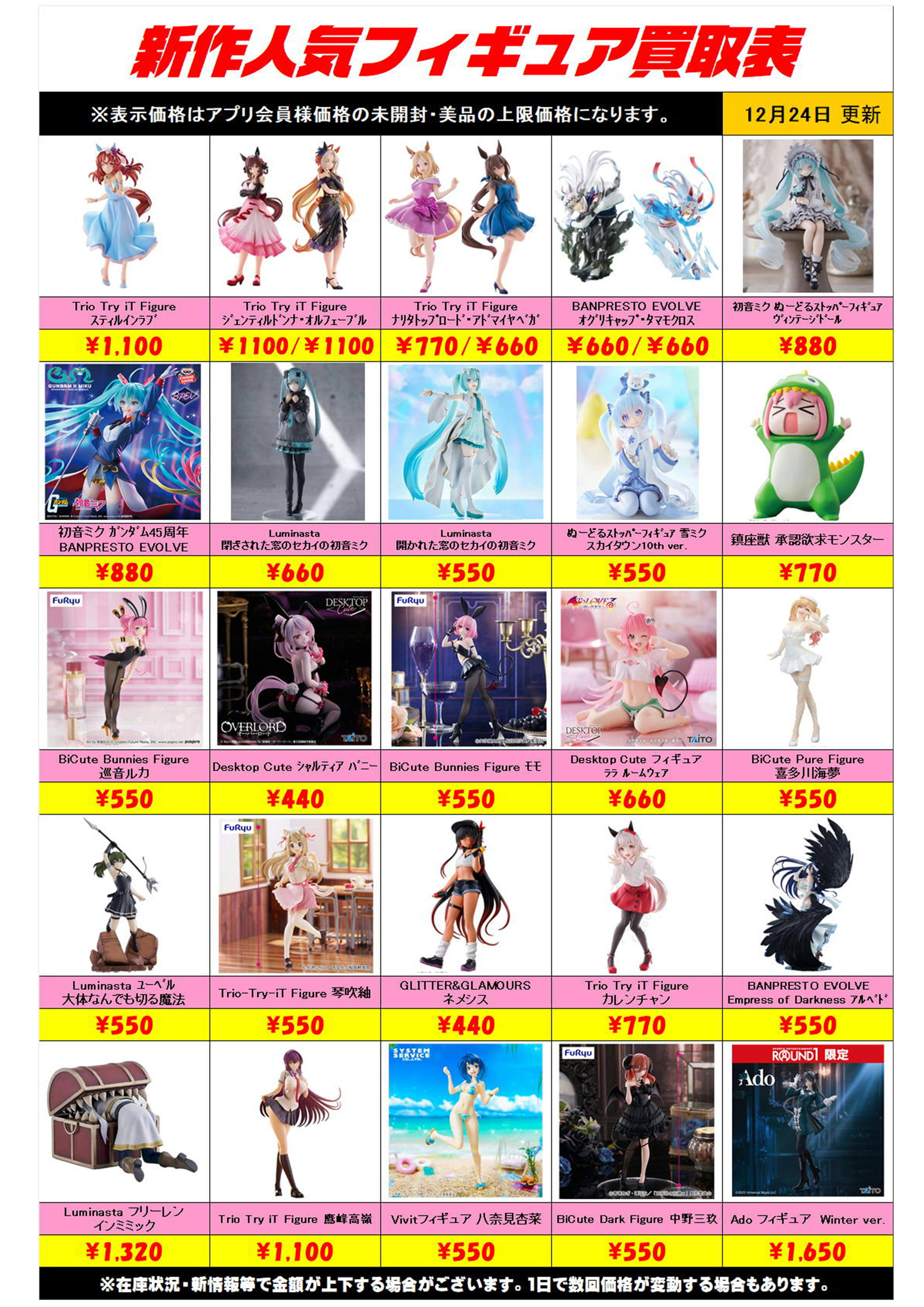 新作プライズフィギュア買取リスト更新しました！ 12/24～ プラス 