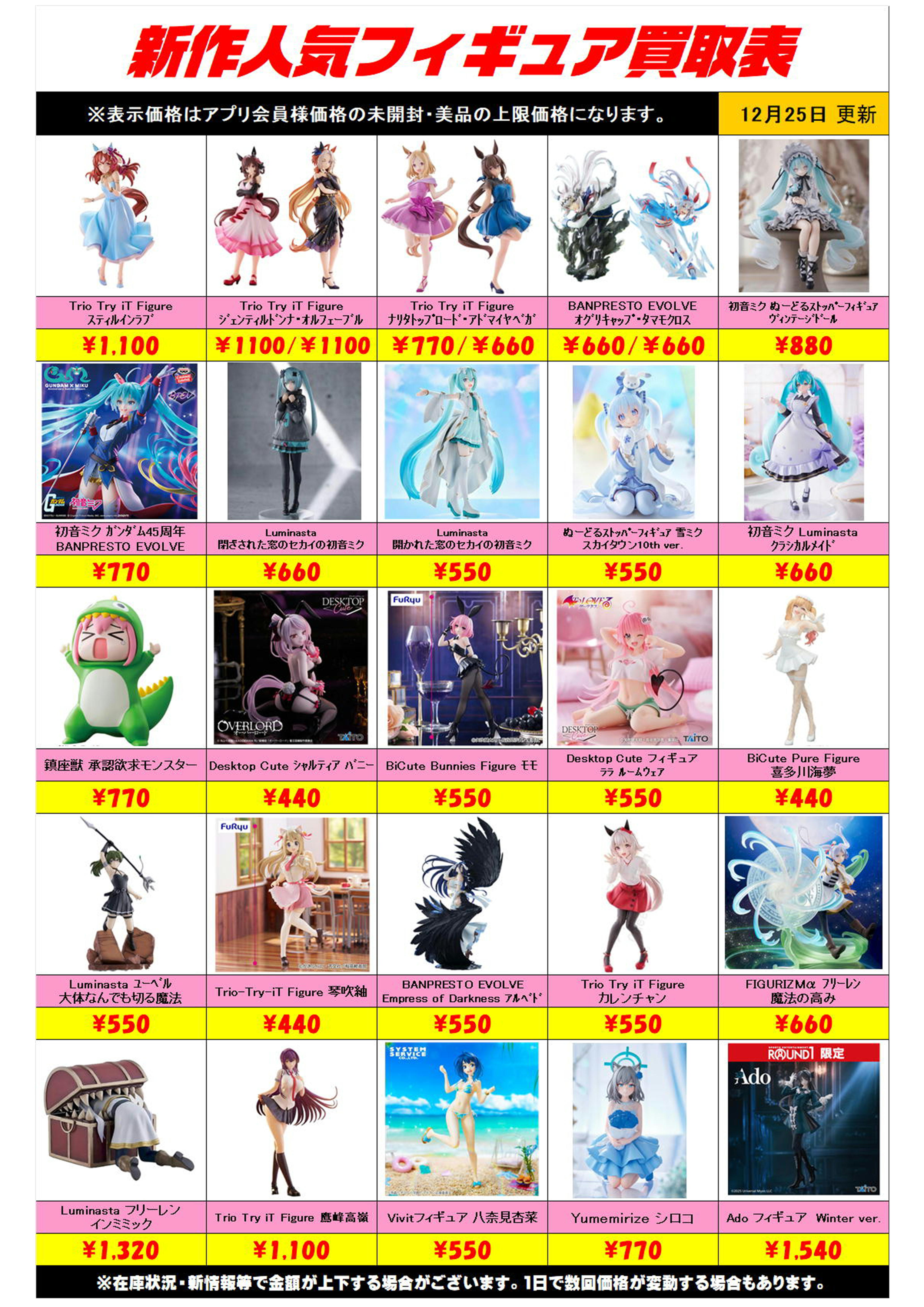 新作プライズフィギュア買取リスト更新しました！ 12/25 プラスアップ 