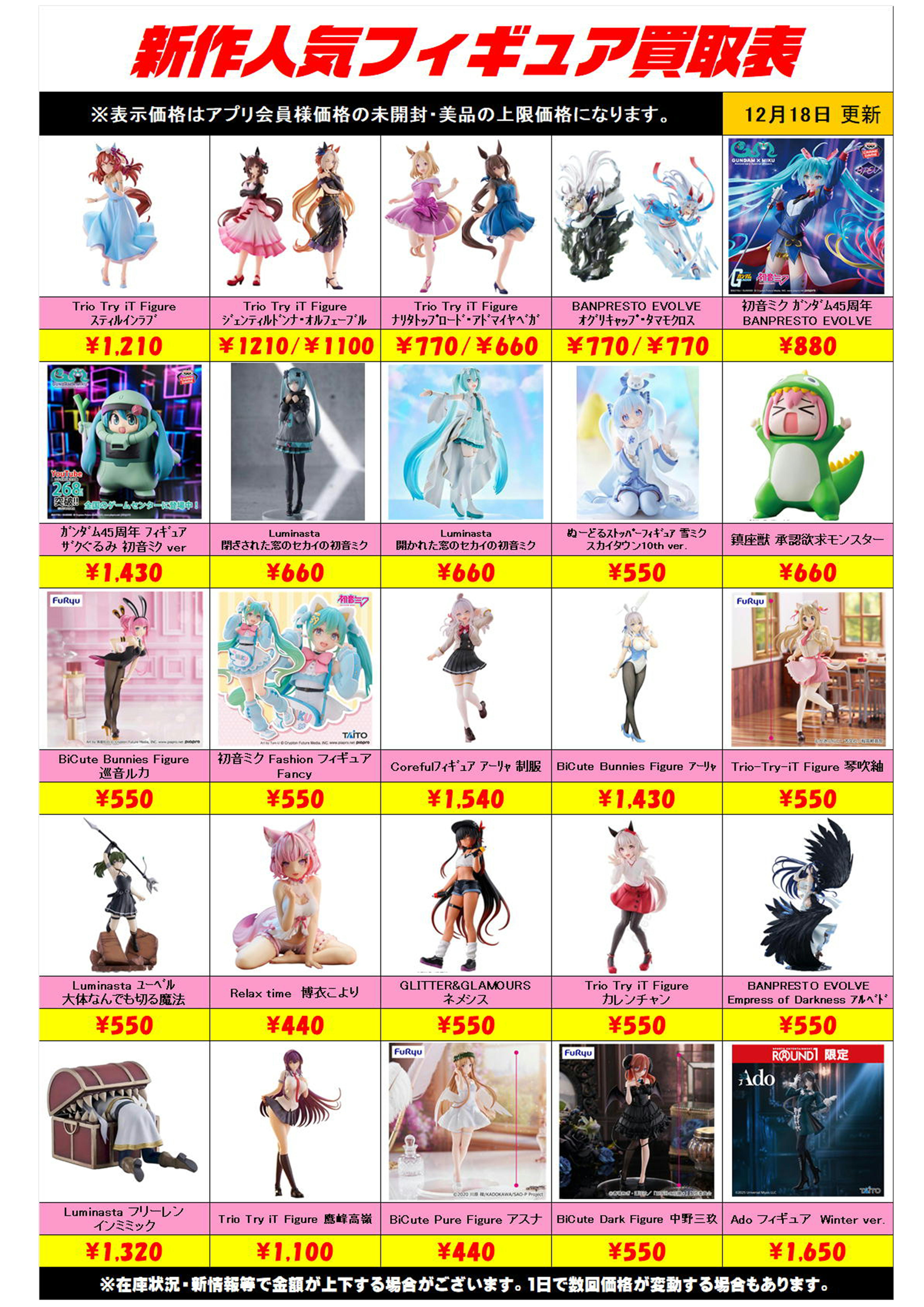 新作プライズフィギュア買取リスト更新しました！ 12/18～ プラス 