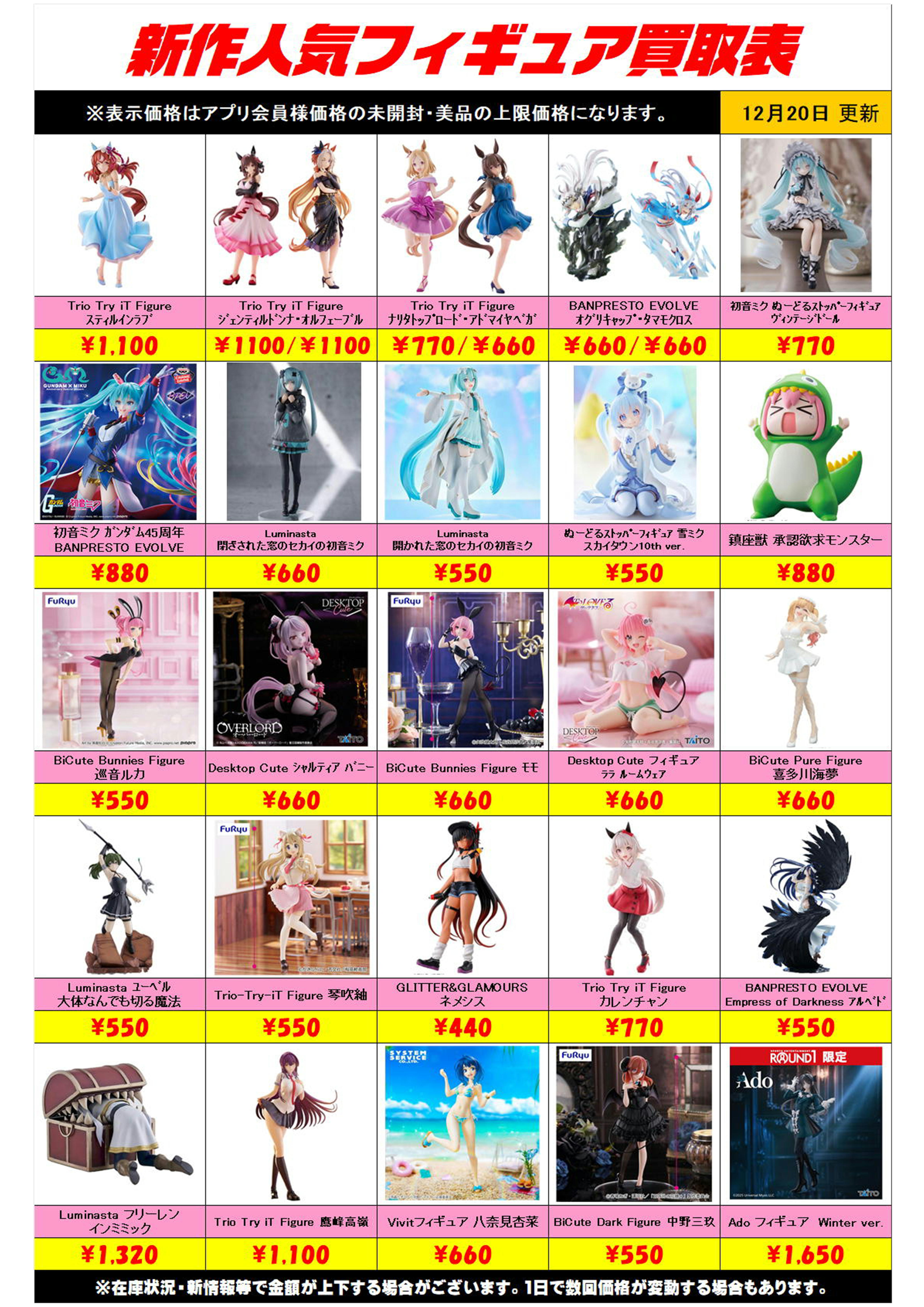 新作プライズフィギュア買取リスト更新しました！ 12/20～ プラス 
