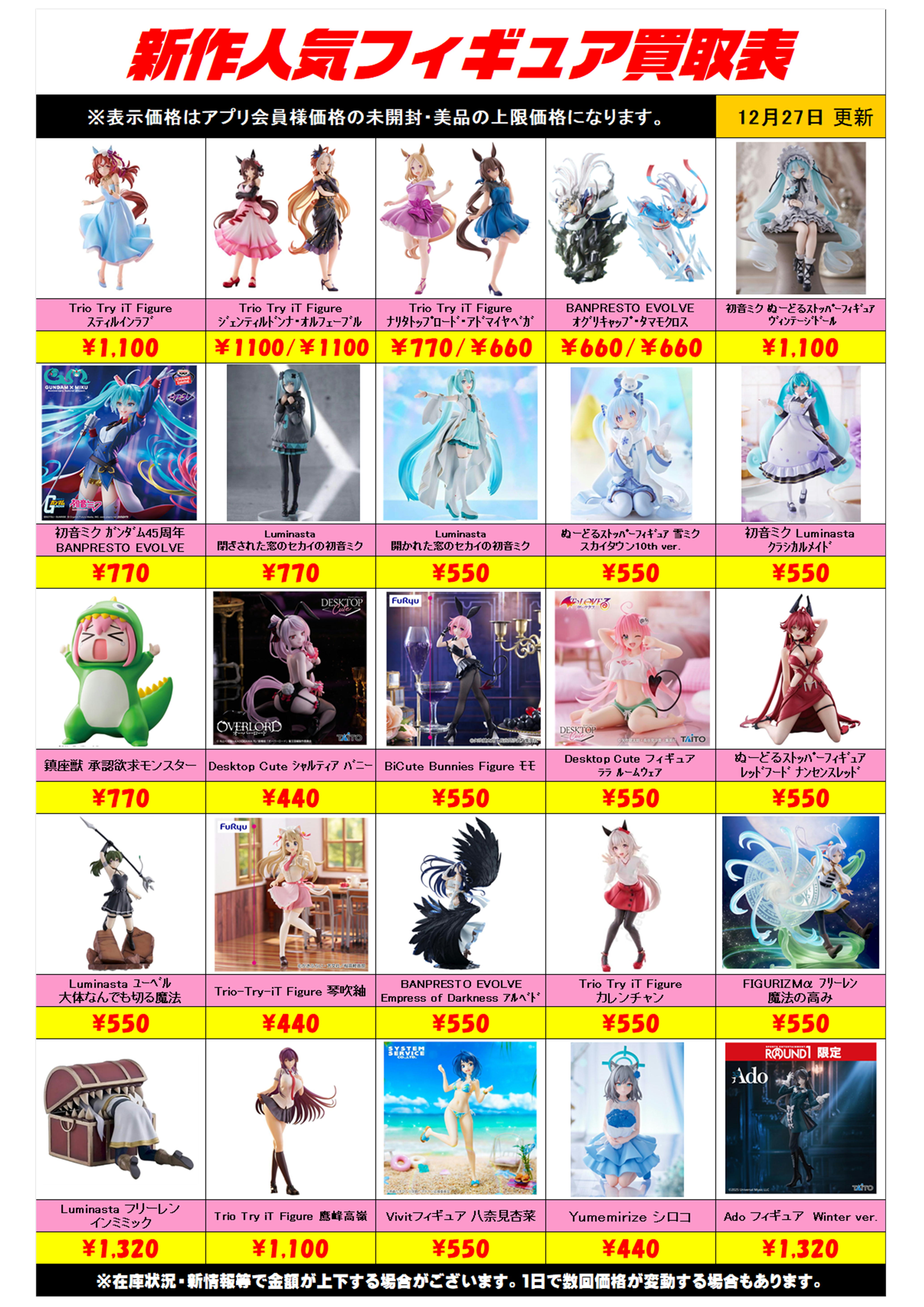 新作プライズフィギュア買取リスト更新しました！ 12/27～ プラス 