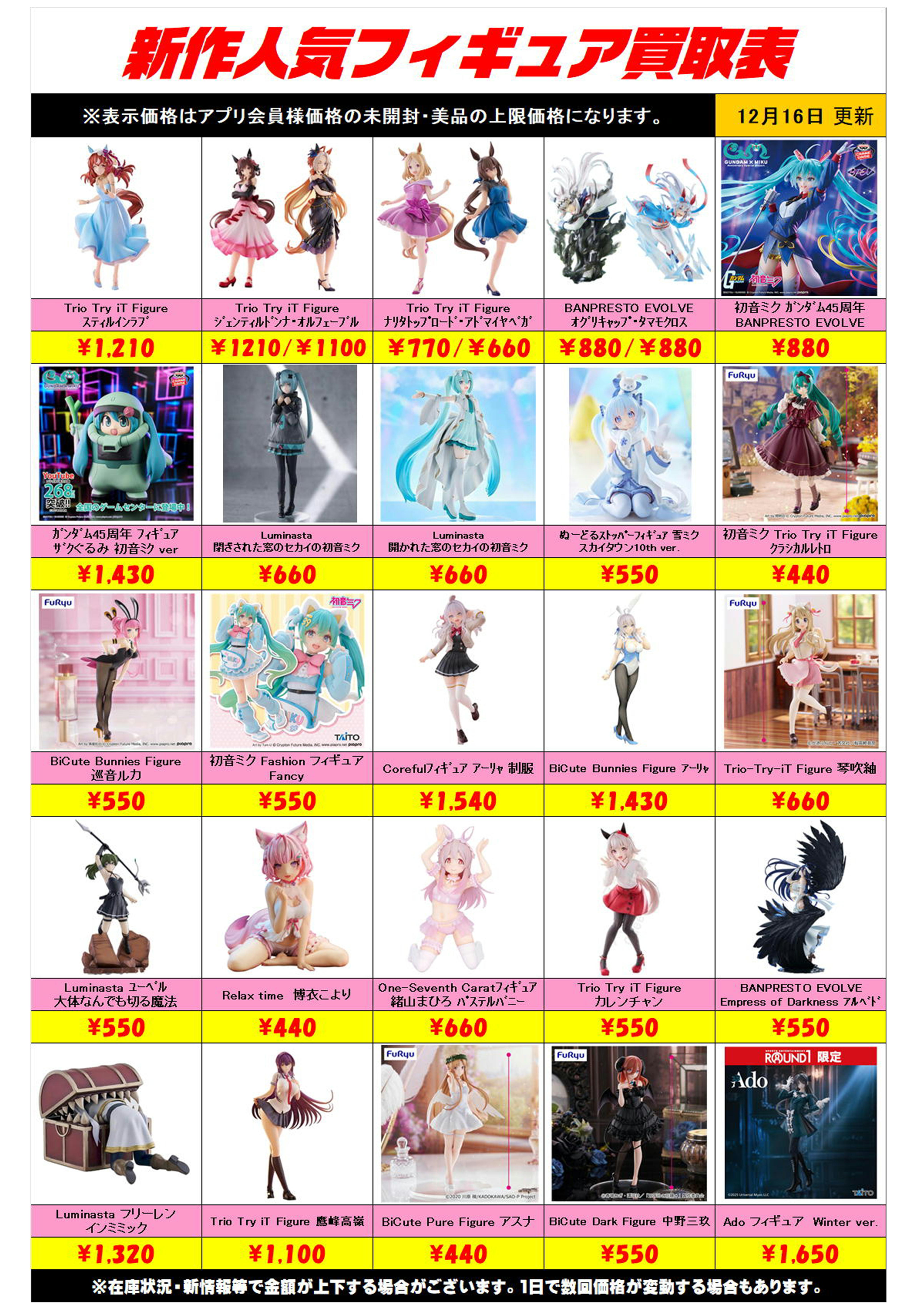 新作プライズフィギュア買取リスト更新しました！ 12/16～ プラス 