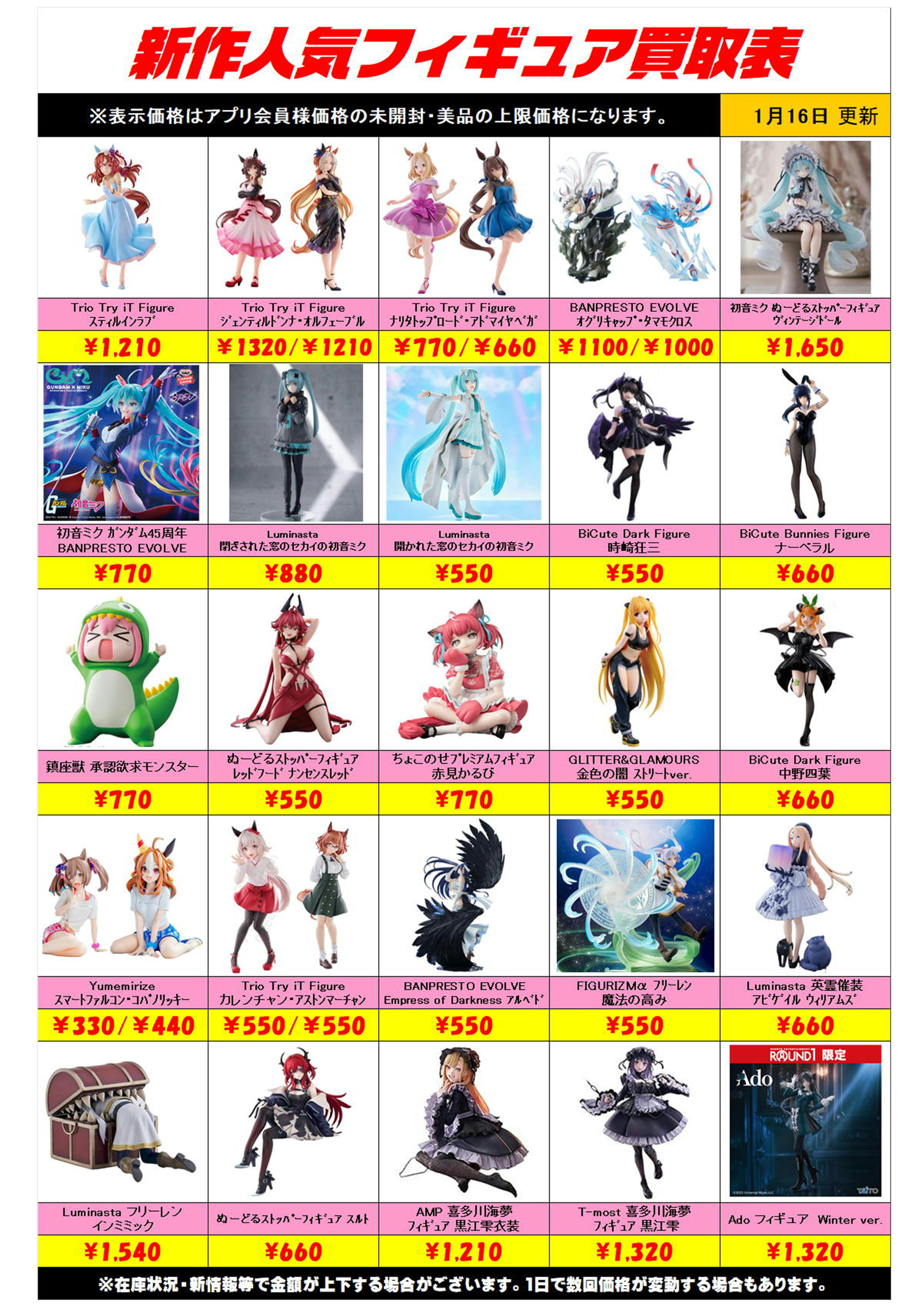 新作プライズフィギュア買取リスト更新しました！ 1/16～ プラスアップ 