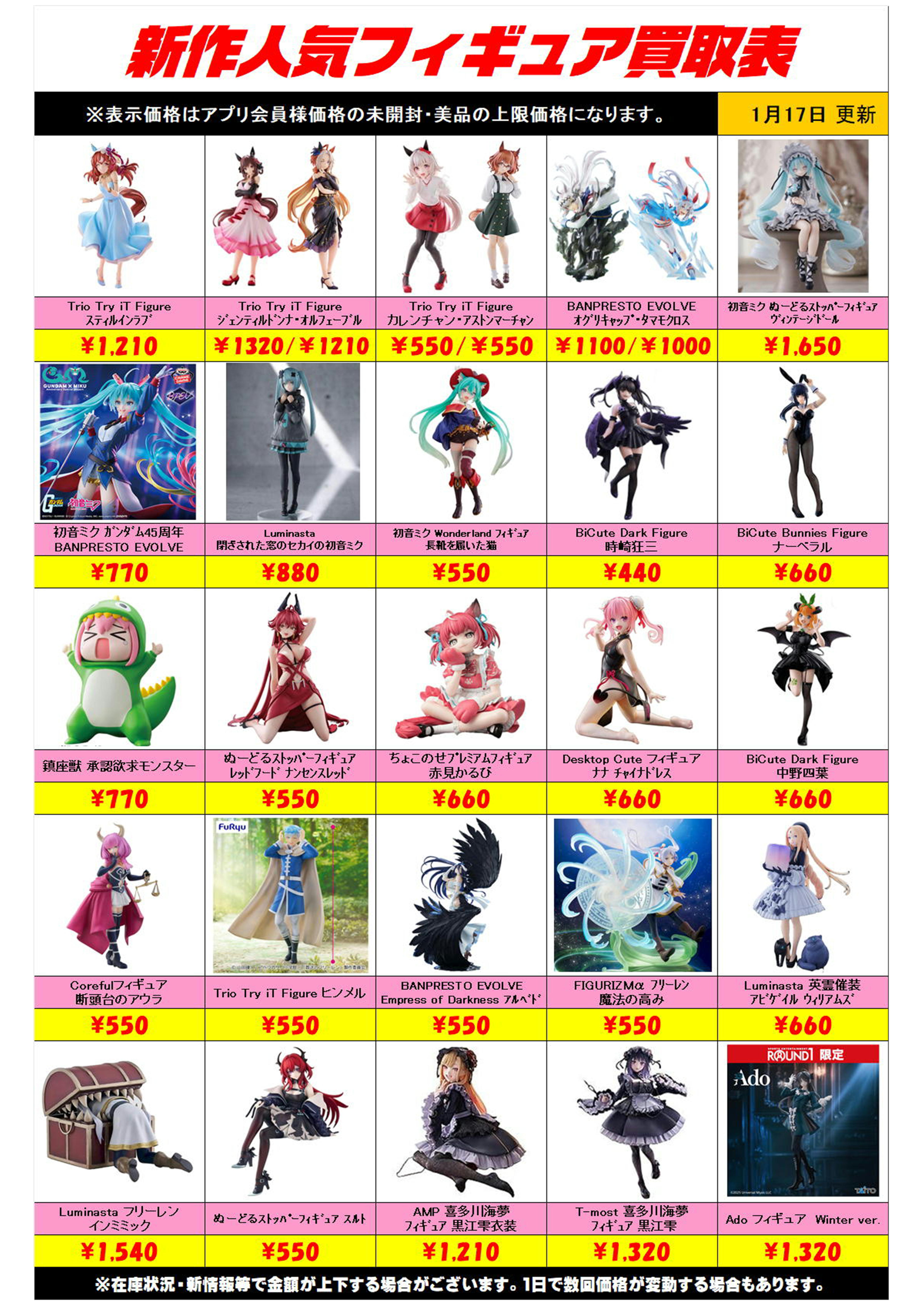 新作プライズフィギュア買取リスト更新しました！ 1/17～ プラスアップ 