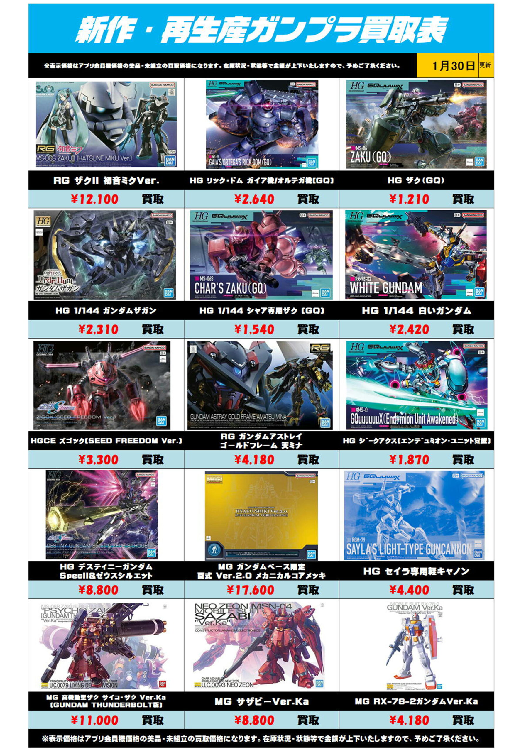 ガンプラ　まとめ売り 新作・再販ガンプラ買取リスト更新しました！ 1/30～ プラスアップ