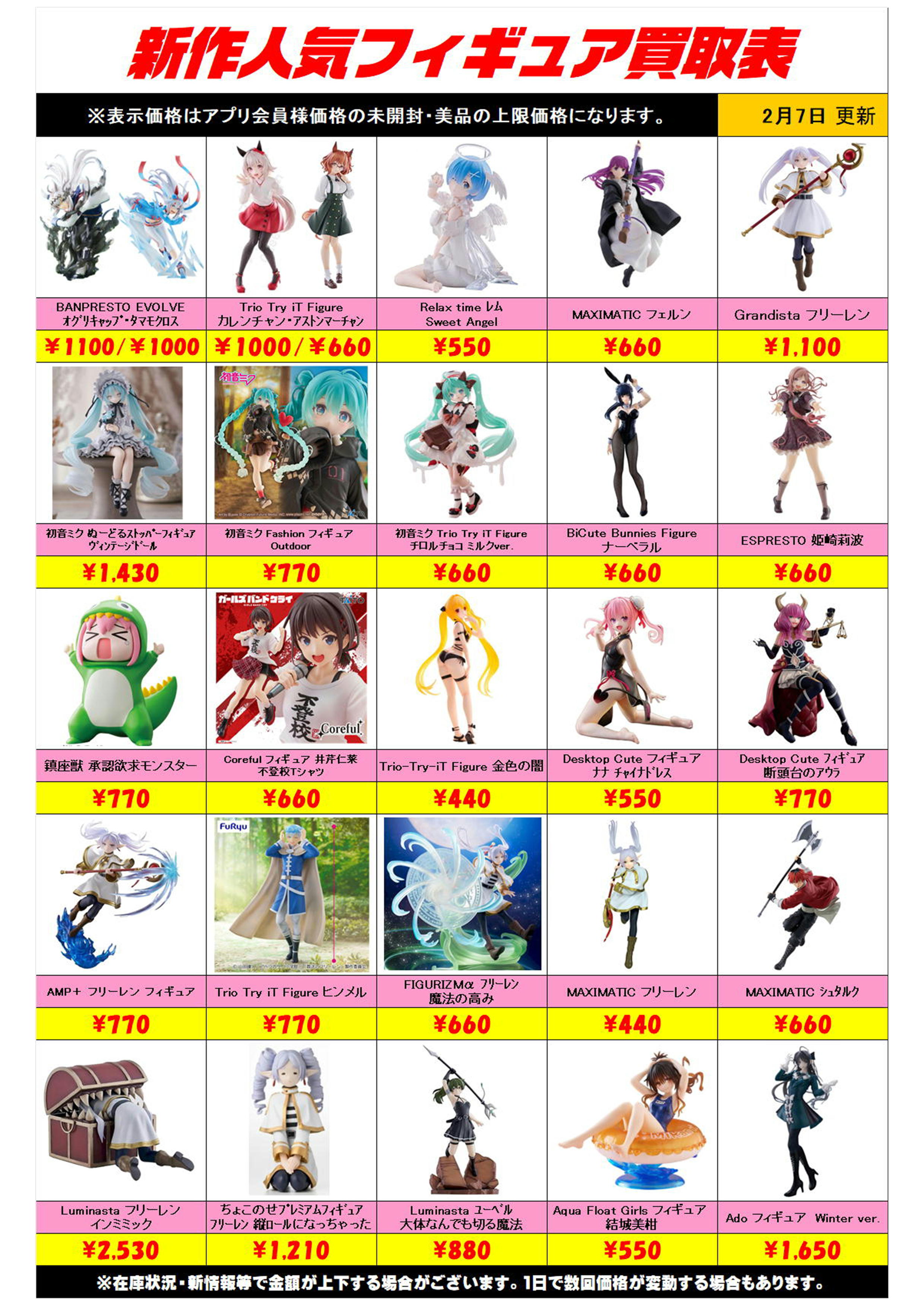 新作プライズフィギュア買取リスト更新しました！ 2/7～ プラスアップ 