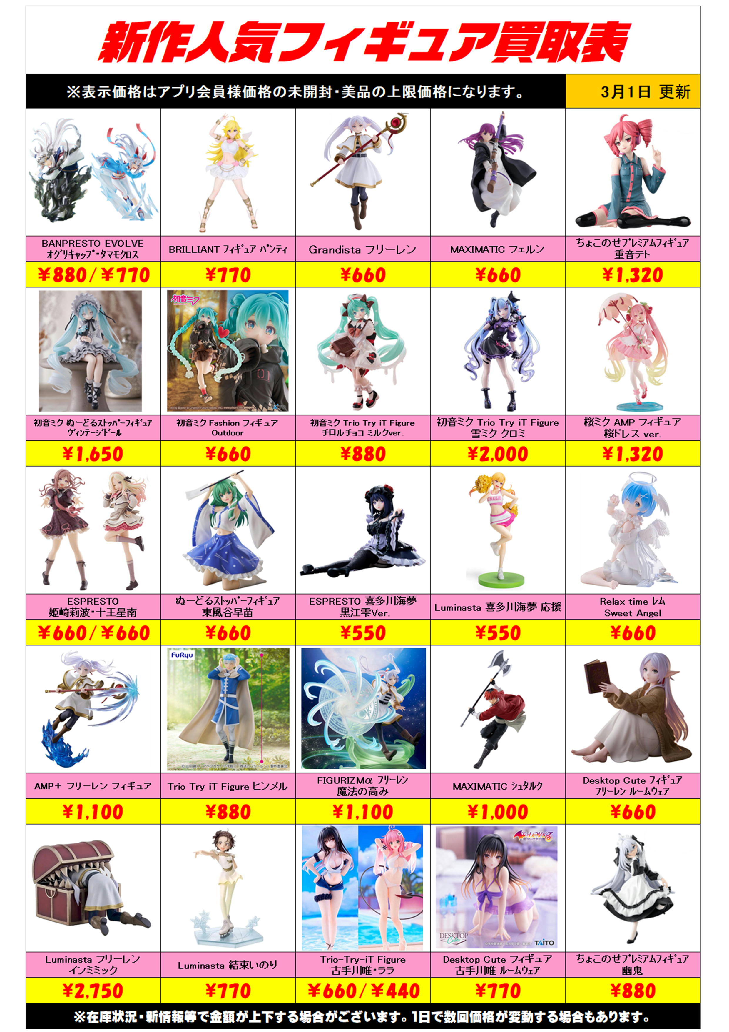 新作プライズフィギュア買取リスト更新しました！ 3/1～ プラスアップ 