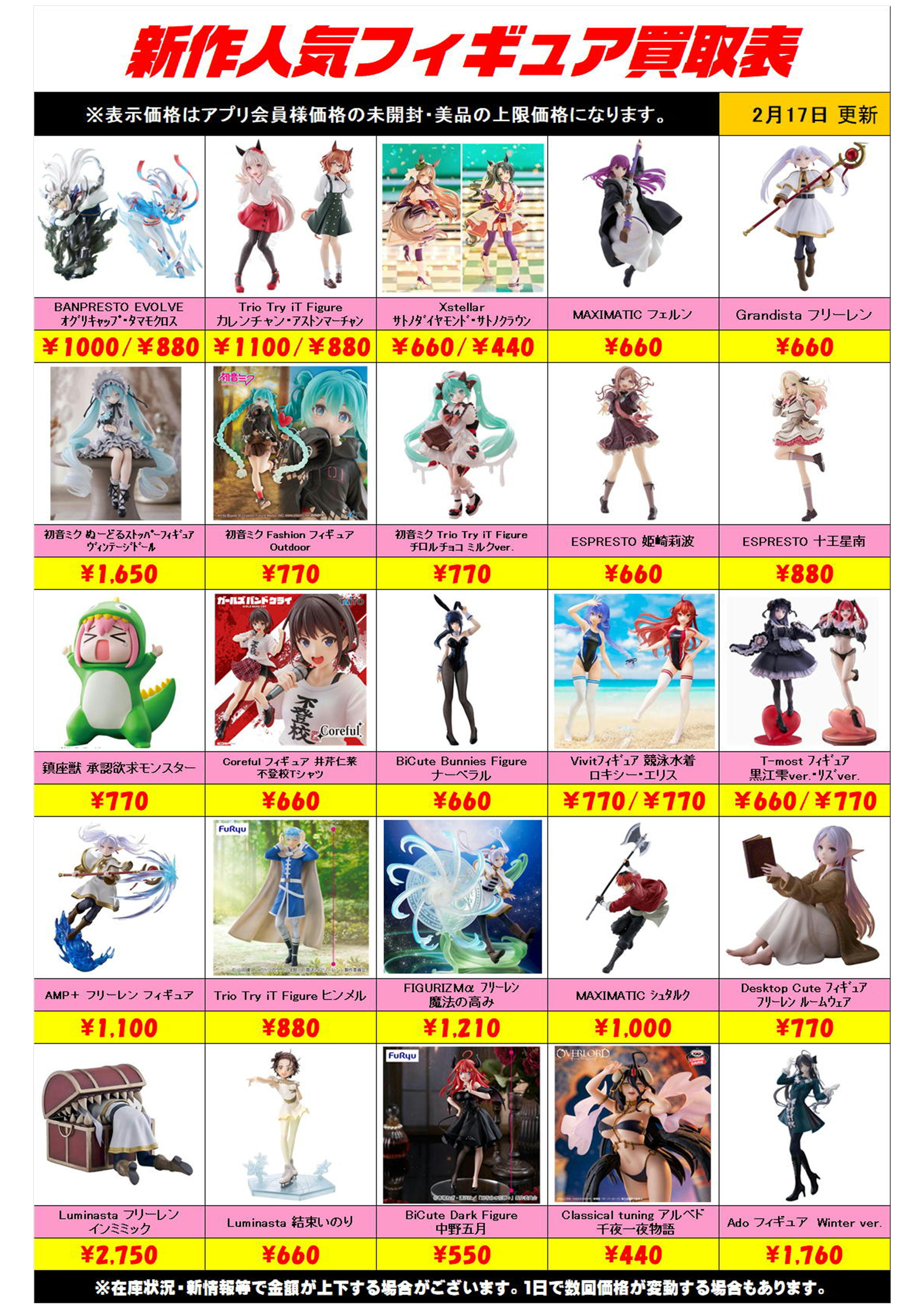 新作プライズフィギュア買取リスト更新しました！ 2/17～ プラスアップ 