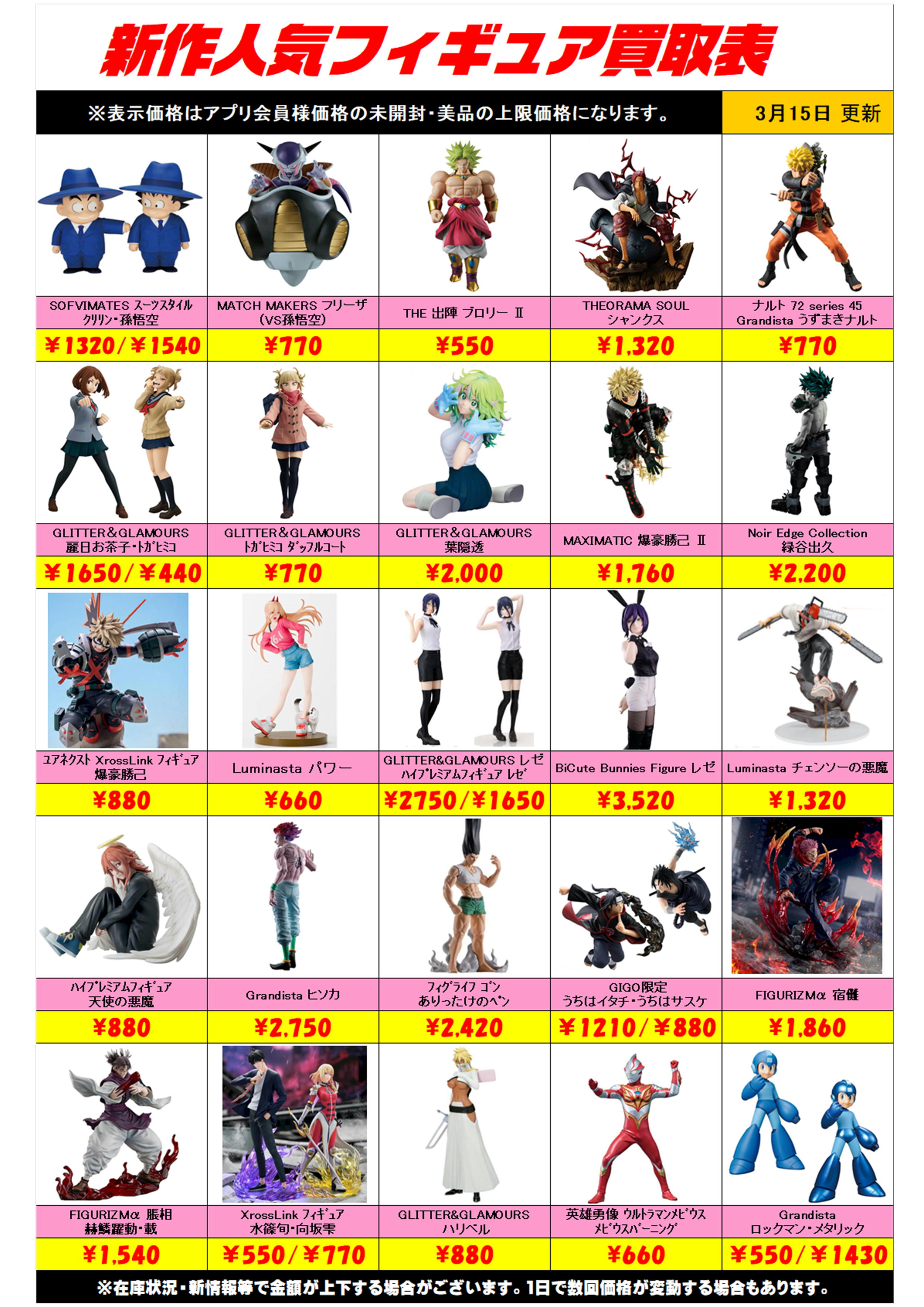 新作プライズフィギュア買取リスト更新しました！ 3/15～ | 千葉鑑定団 