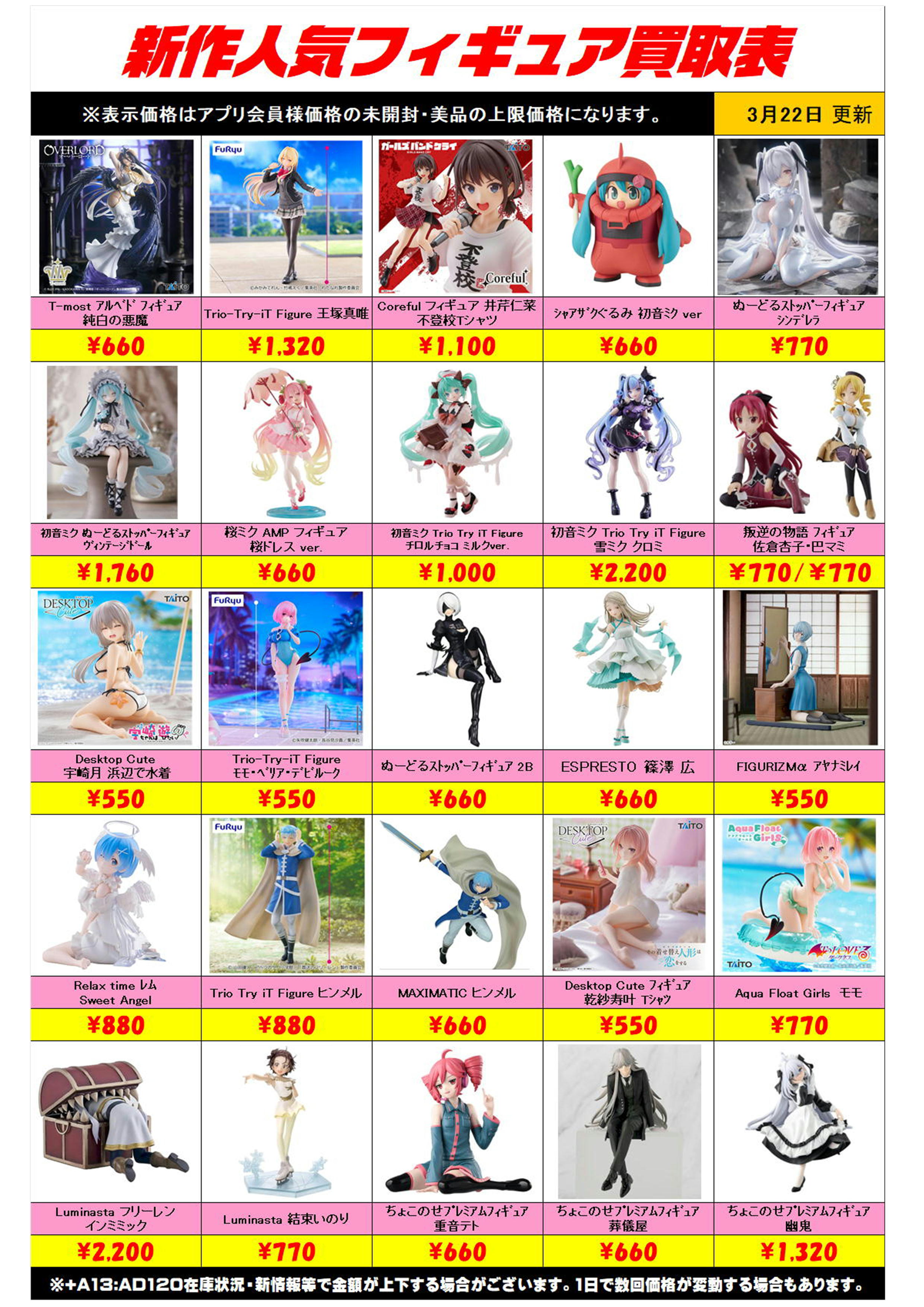 新作プライズフィギュア買取リスト更新しました！ 3/22～ プラスアップ 