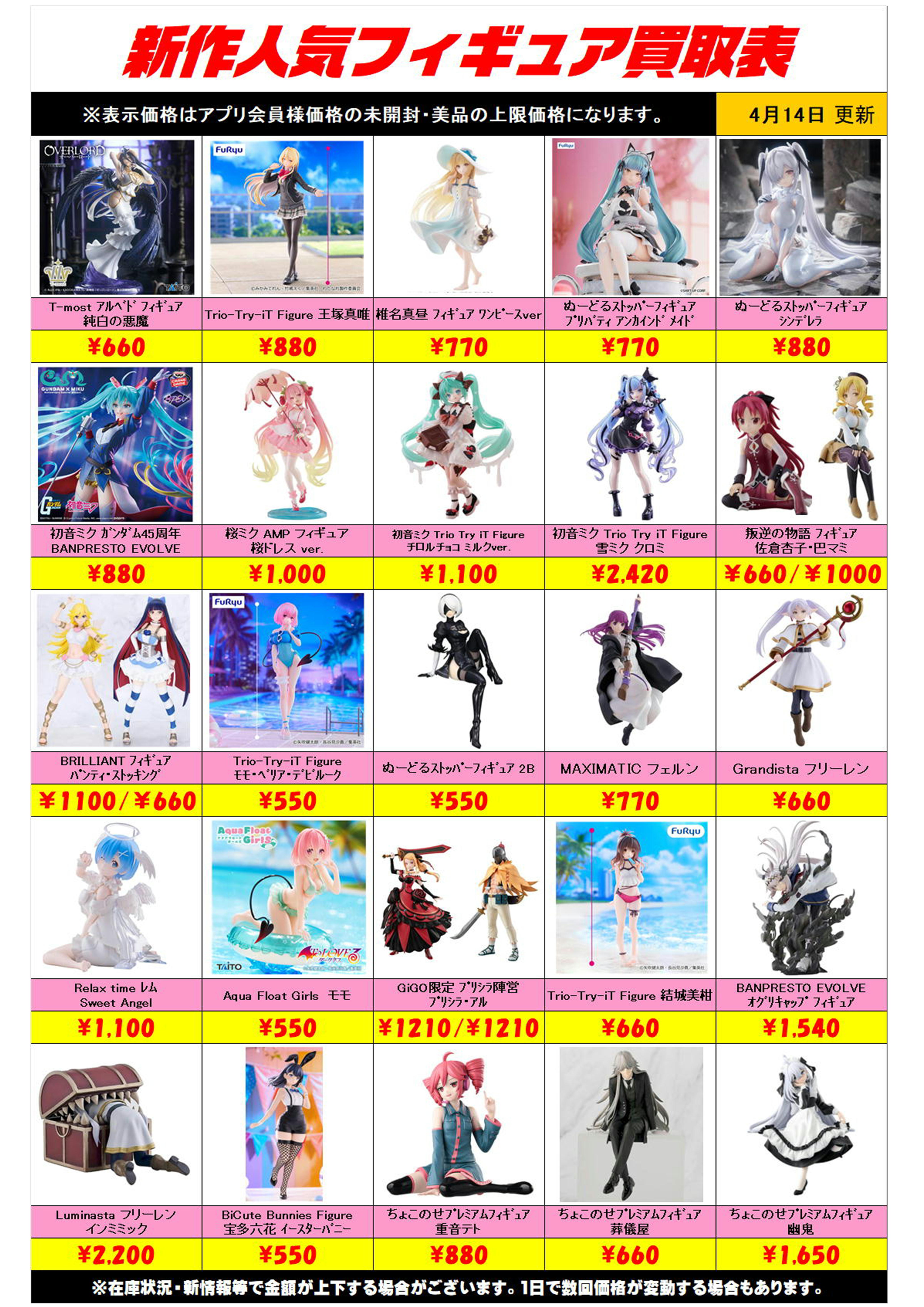 新作プライズフィギュア買取リスト更新しました！ 4/14～ プラスアップ 