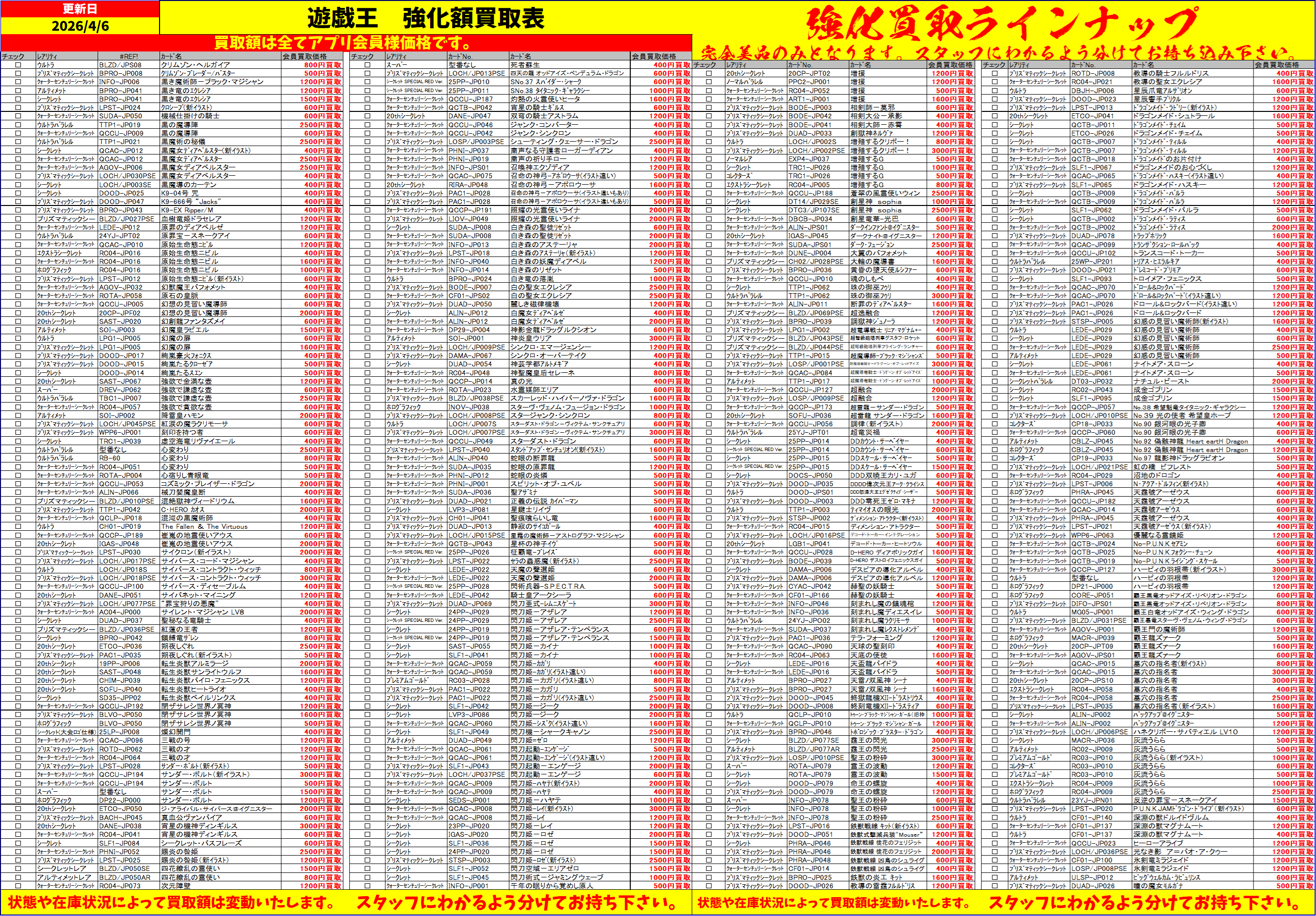 4/6 遊戯王 汎用＆テーマ 強化買取表 更新 | 千葉鑑定団船橋店