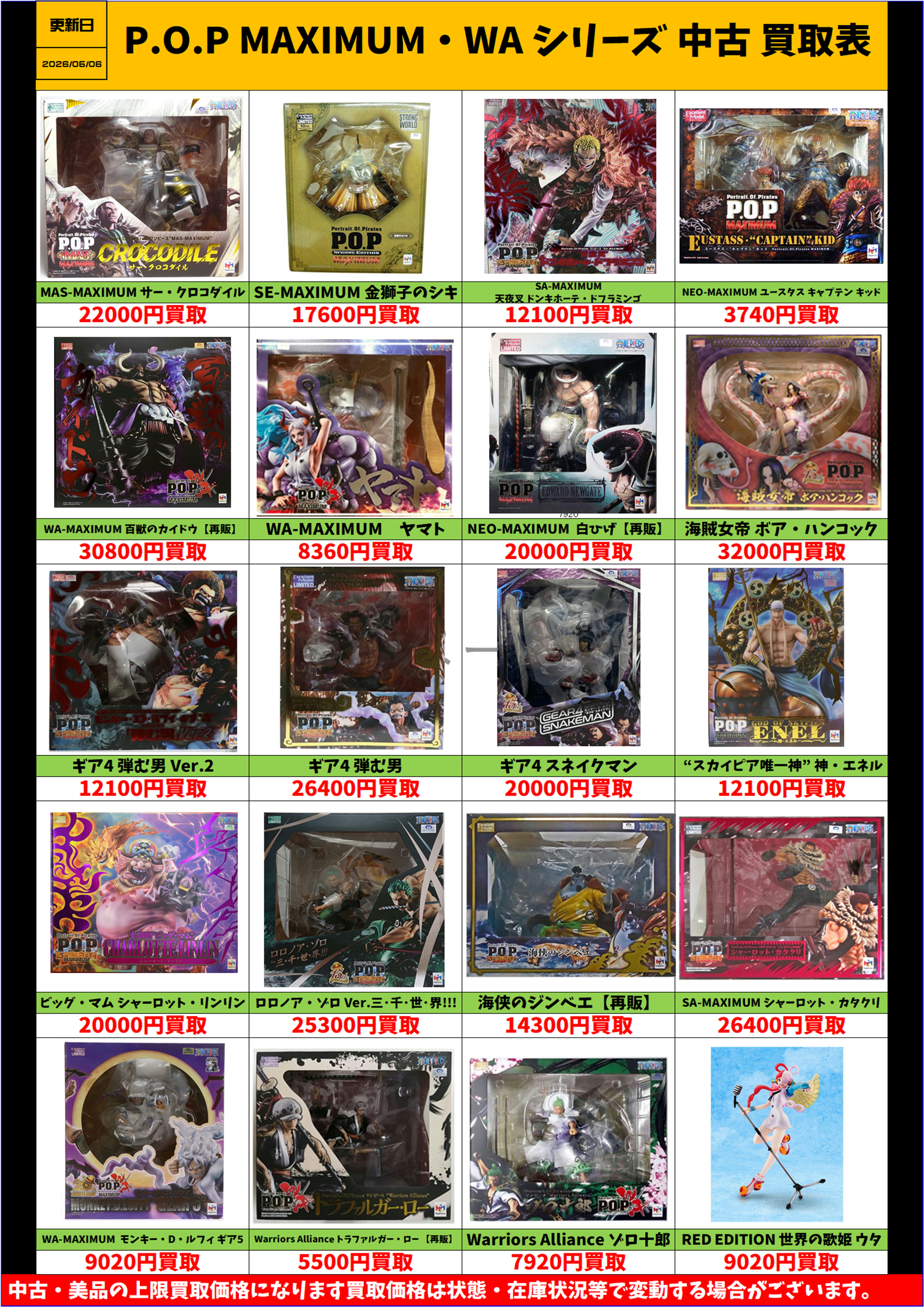 ワンピース P.O.P MAXIMUM warriors alliance シリーズ 中古 買取表
